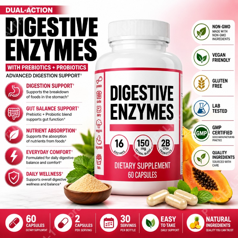 Digestive Enzyme Blend - Spijsverteringsenzymen met prebiotica en probiotica, 16-enzymenmengsel